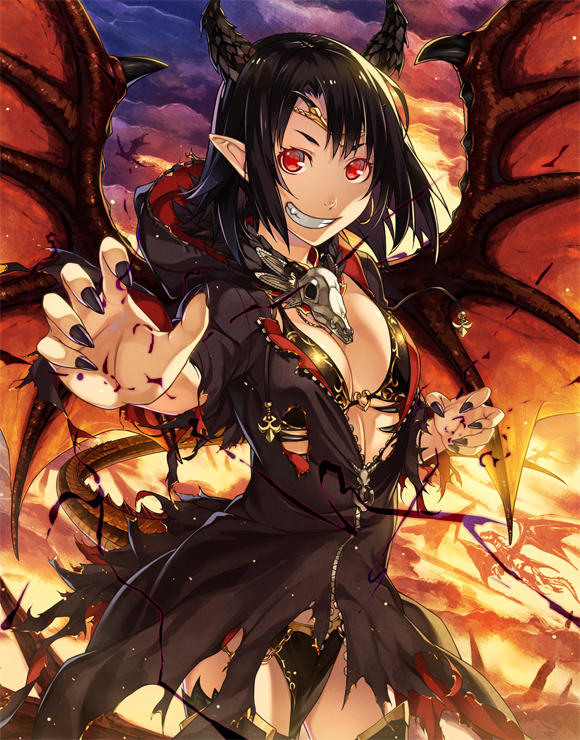 bad_id bad_pixiv_id black_hair breasts cleavage demon_girl dragon_girl dragon_tail dragon_wings fingernails grin horns kimura_(ykimu) large_breasts monster_girl original pointy_ears red_eyes sharp_fingernails smile solo tail wings