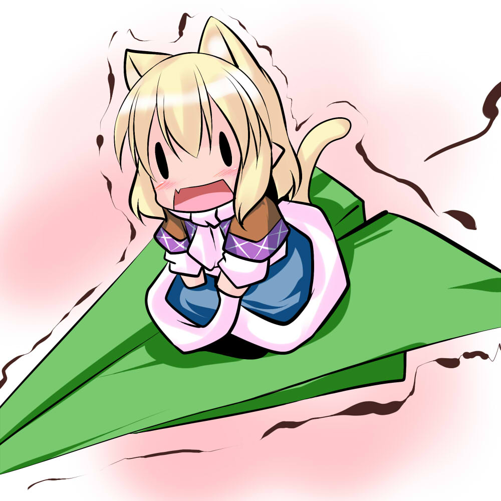 animal_ears blonde_hair blush cat_ears cat_tail chibi fang gradient gradient_background hoshizuki_(seigetsu) long_sleeves mizuhashi_parsee open_mouth paper_airplane puru-see short_hair solo tail touhou trembling vest |_|