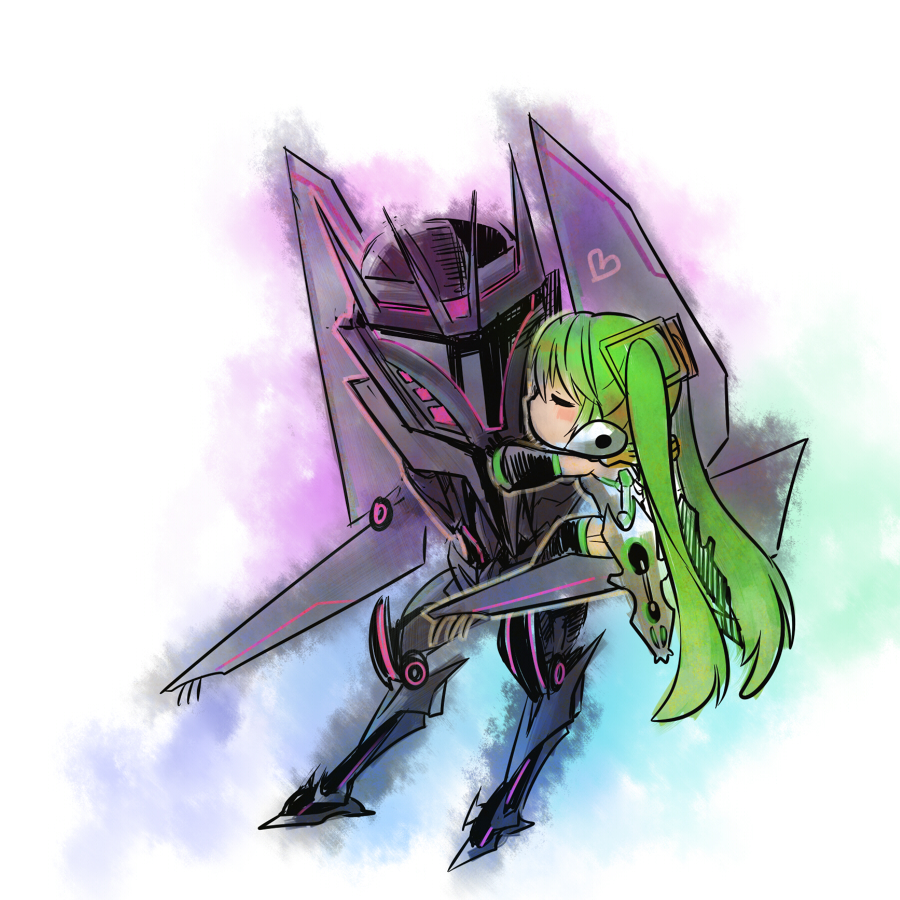 blush chibi closed_mouth crossover hatsune_miku helmet hug kiss long_hair machinery rkp simple_background size_difference soundwave transformers transformers_prime very_long_hair vocaloid white_background