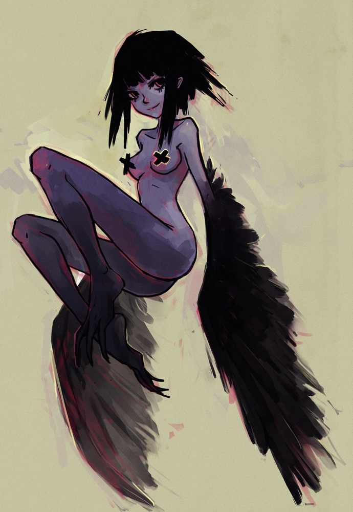 black_hair blue_skin breasts censored feathered_wings feathers harpy medium_breasts monster_girl nude original pancake_puppy red_eyes short_hair smile solo talons wings