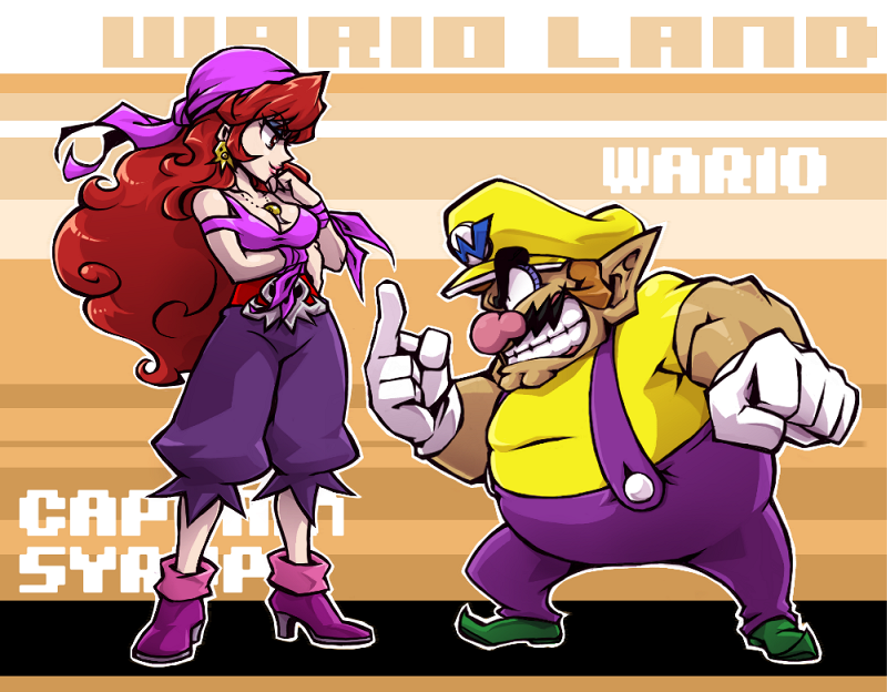 1girl bandana bare_shoulders captain_syrup character_name clenched_teeth commentary_request copyright_name earrings eye_contact gloves height_difference high_heels jewelry lips long_hair looking_at_another mario_(series) middle_finger necklace nitorou pointy_ears red_eyes red_hair shoes smile standing super_mario_bros. teeth wario wario_land