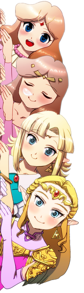 armor blonde_hair blue_eyes blush brown_hair chichi_band earrings elbow_gloves gloves jewelry long_hair multiple_girls multiple_persona necklace non-web_source pearl_necklace peeking_out pointy_ears princess_zelda smile the_legend_of_zelda the_legend_of_zelda:_a_link_to_the_past the_legend_of_zelda:_ocarina_of_time the_legend_of_zelda_(nes) tiara transparent_background triforce zelda_ii:_the_adventure_of_link