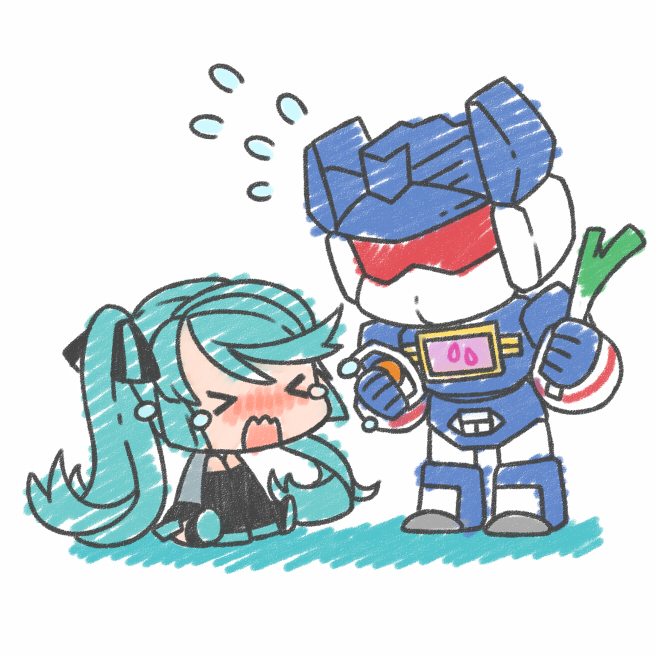 &gt;_&lt; blush chibi closed_eyes couple crossover crying decepticon flying_sweatdrops hatsune_miku holding_spring_onion long_hair mecha open_mouth rkp robot soundwave spring_onion transformers very_long_hair vocaloid wavy_mouth