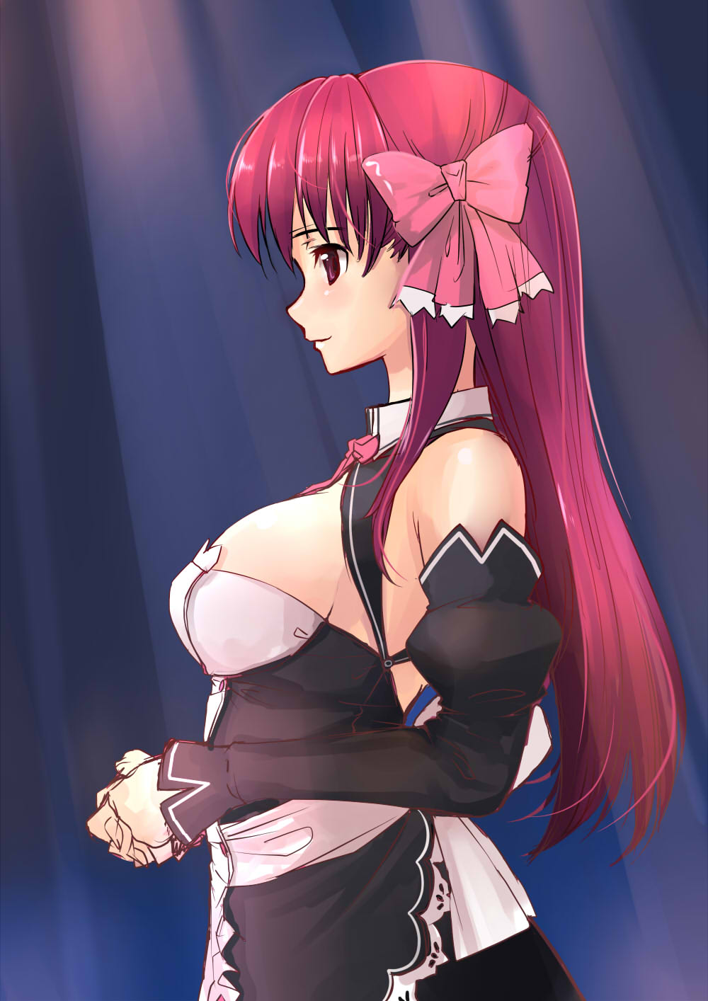 akasaai amane_(dream_c_club) bare_shoulders blush bow breasts cleavage detached_sleeves dream_c_club dream_c_club_(series) hair_bow hands_clasped highres large_breasts long_hair maid own_hands_together profile red_eyes red_hair solo waitress