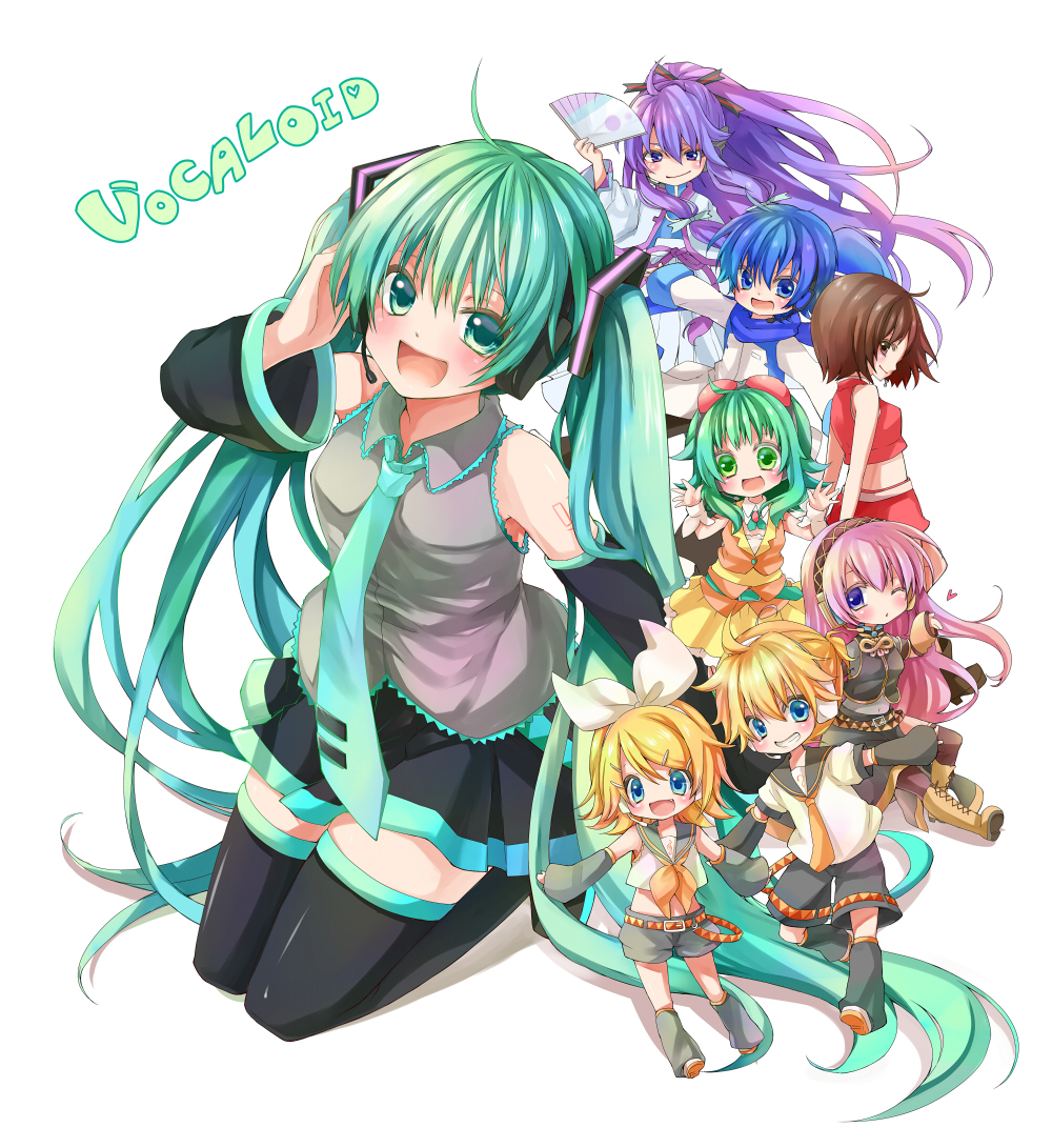 5girls ahoge belt blonde_hair blue_eyes blue_hair boots brother_and_sister brown_eyes brown_hair cross-laced_footwear detached_sleeves fan folding_fan goggles goggles_on_head green_eyes green_hair gumi hair_ornament hair_ribbon hairclip hatsune_miku headset heart kagamine_len kagamine_rin kaito kamui_gakupo knee_boots kneeling lace-up_boots leg_warmers long_hair megurine_luka meiko midriff momomochi multiple_boys multiple_girls necktie one_eye_closed open_mouth outstretched_arms pink_hair ponytail purple_eyes purple_hair ribbon short_hair shorts siblings simple_background skirt spread_arms thigh_boots thighhighs twintails very_long_hair vocaloid white_background