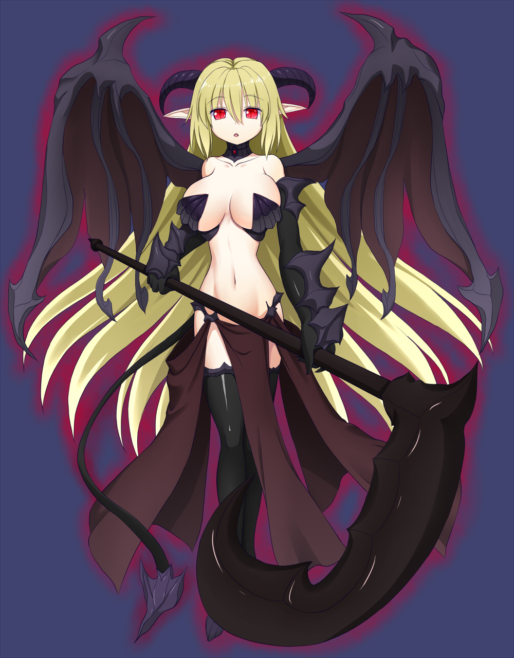 asamura_hiori blonde_hair breasts demon_girl gauntlets highres horns large_breasts long_hair navel open_mouth original pointy_ears red_eyes revealing_clothes scythe solo succubus tail very_long_hair wings