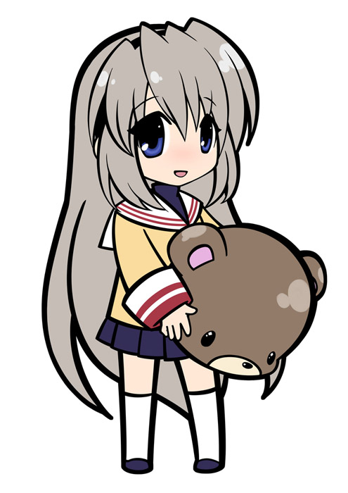 animal_head bear_head blue_eyes blush chibi clannad hairband hikarizaka_private_high_school_uniform kazu_(pixiv8325) long_hair sakagami_tomoyo school_uniform silver_hair solo