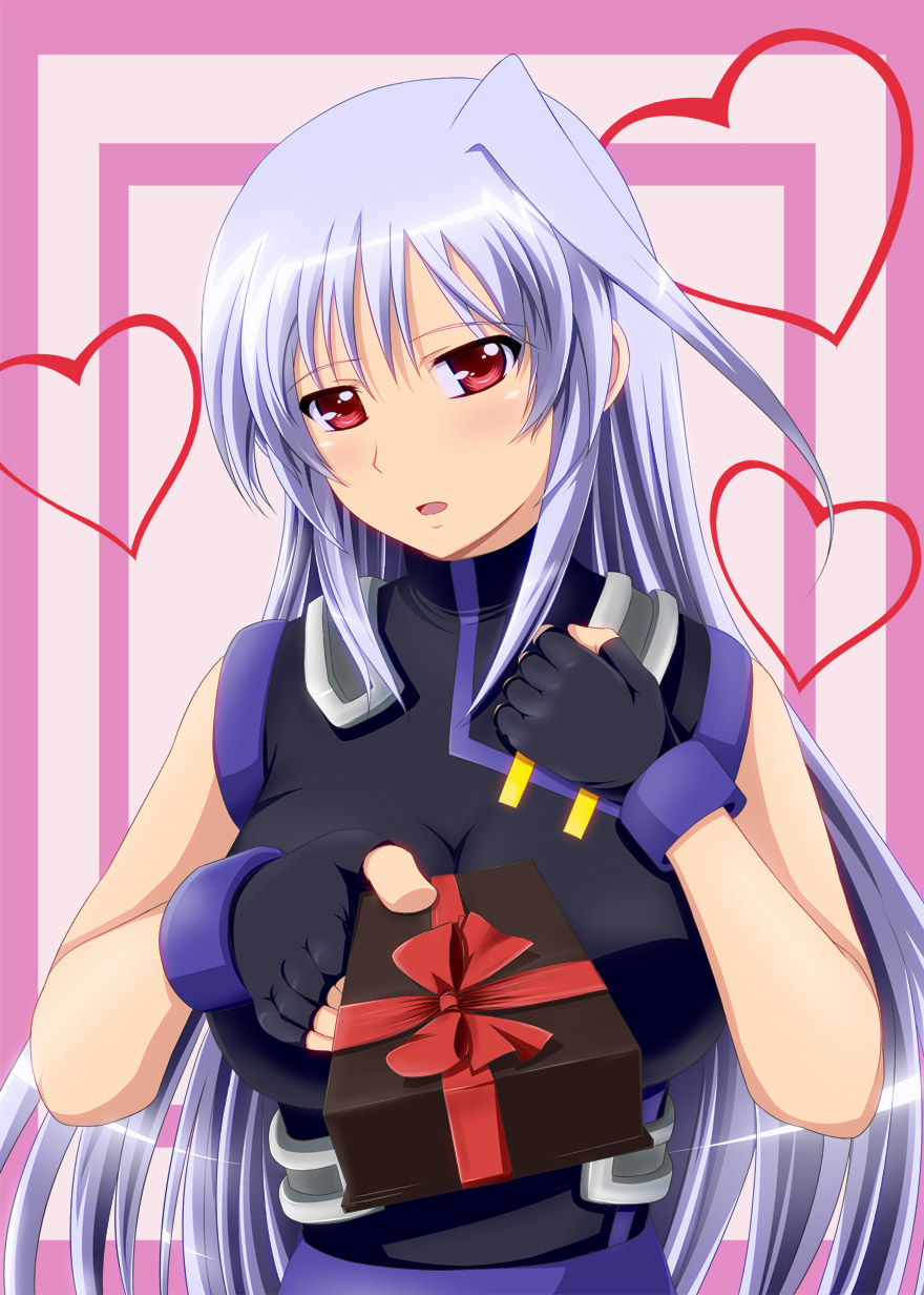 blush breasts fingerless_gloves gift gloves heart highres inoshira large_breasts long_hair lyrical_nanoha mahou_shoujo_lyrical_nanoha mahou_shoujo_lyrical_nanoha_a's open_mouth red_eyes reinforce silver_hair single_hair_intake solo valentine