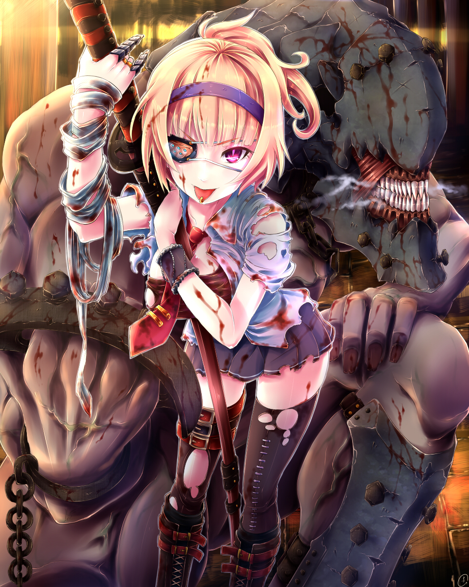 bandages blonde_hair blood boots breasts combat_s-ko cuffs eyepatch hairband highres jewelry knee_boots large_breasts monster necktie original piercing pink_eyes ring shackles sheath skirt solo sword teeth thighhighs tongue_piercing torn_clothes weapon zettai_ryouiki