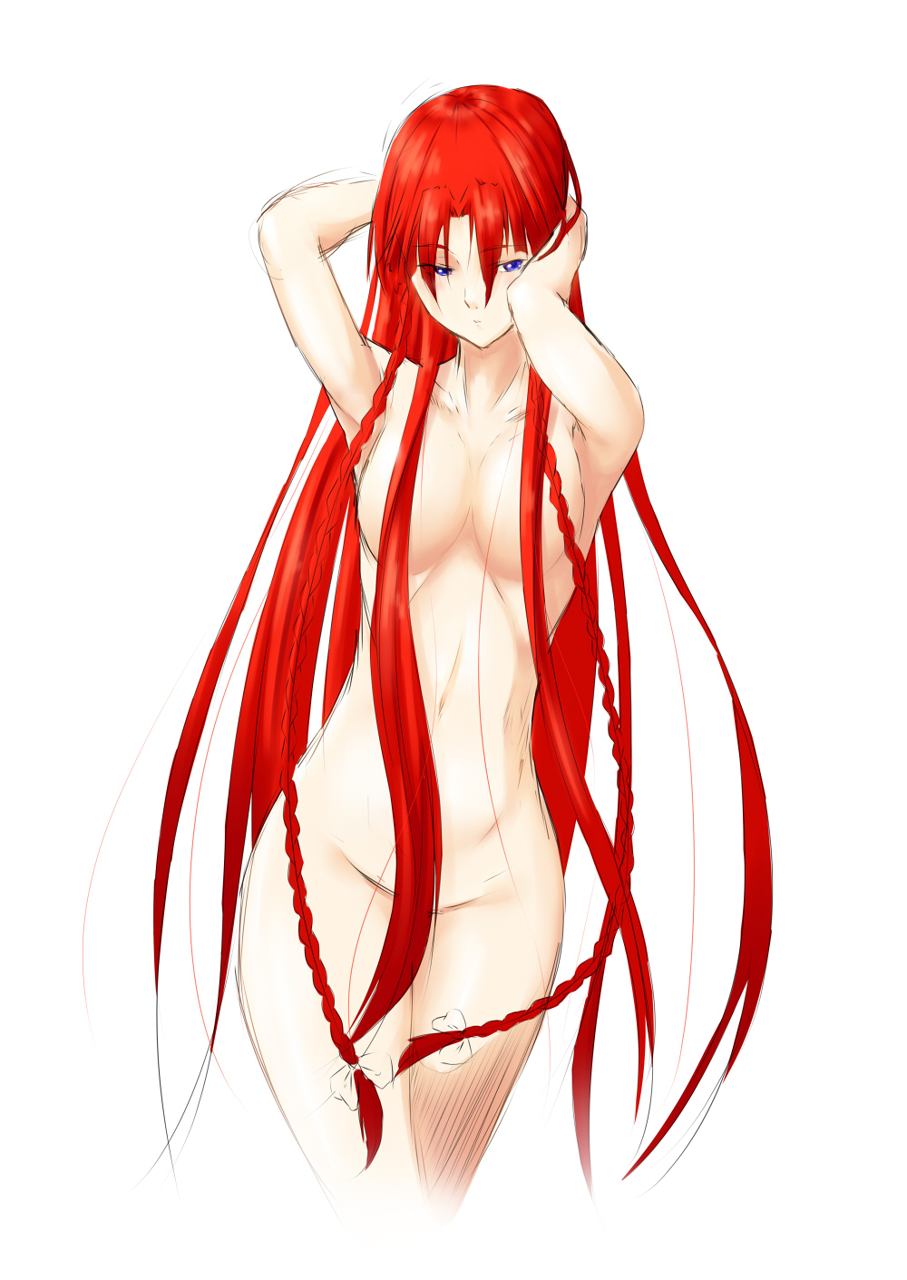 blue_eyes braid breasts hair_censor hair_over_breasts highres hong_meiling long_hair medium_breasts niwatazumi nude red_hair simple_background solo touhou twin_braids very_long_hair white_background