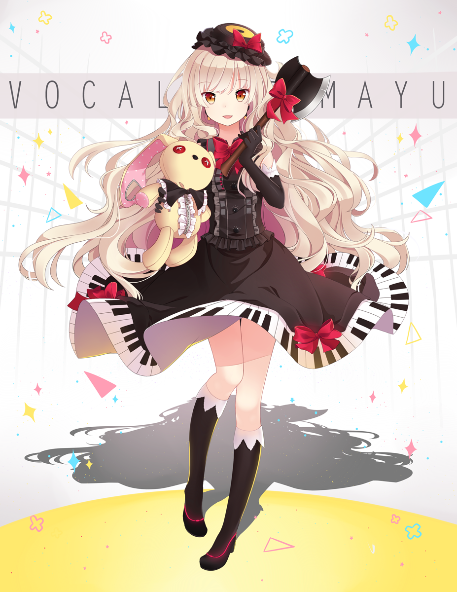 axe elbow_gloves gloves highres hitsukuya long_hair mayu_(vocaloid) red_eyes solo stuffed_animal stuffed_bunny stuffed_toy usano_mimi vocaloid weapon white_hair