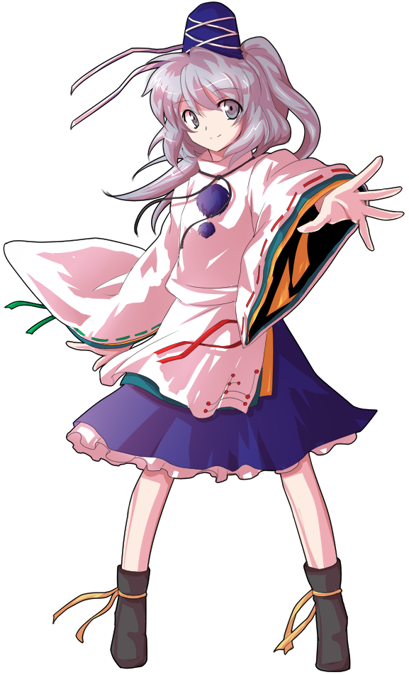 alphes_(style) bad_id bad_pixiv_id dairi full_body grey_eyes grey_hair hat japanese_clothes kariginu long_hair long_sleeves looking_at_viewer mononobe_no_futo outstretched_arm parody ponytail pose shoes skirt smile solo style_parody tate_eboshi touhou transparent_background wide_sleeves