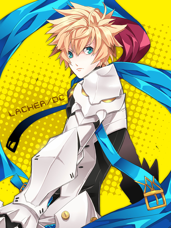 aqua_eyes armor bad_id bad_pixiv_id blonde_hair character_name chung_seiker daizu_yan deadly_chaser_(elsword) elsword gloves looking_back male_focus messy_hair scarf solo yellow_background