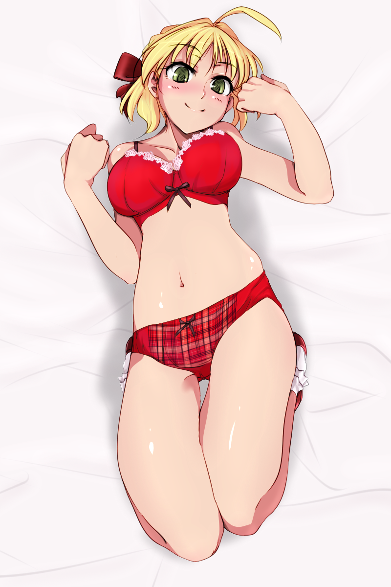 blonde_hair bra breasts fate/extra fate_(series) green_eyes haruhisky highres large_breasts lingerie lying navel nero_claudius_(fate) nero_claudius_(fate)_(all) on_back panties plaid plaid_panties short_hair solo underwear underwear_only