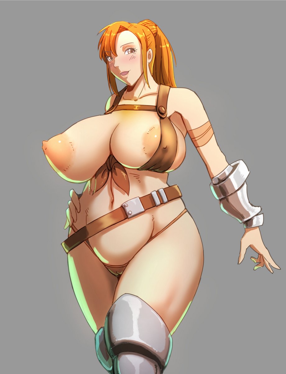 1girl areolae bare_shoulders belt beowolf bracer bracers breasts brown_eyes brown_panties cameltoe curvy female highres huge_breasts large_areolae milf navel nipples orange_hair original panties plump ponytail puffy_nipples simple_background solo standing string_panties supi_(beowolf_1999) supi_(inner_map) thick_thighs thighhighs thighs thong underwear wide_hips