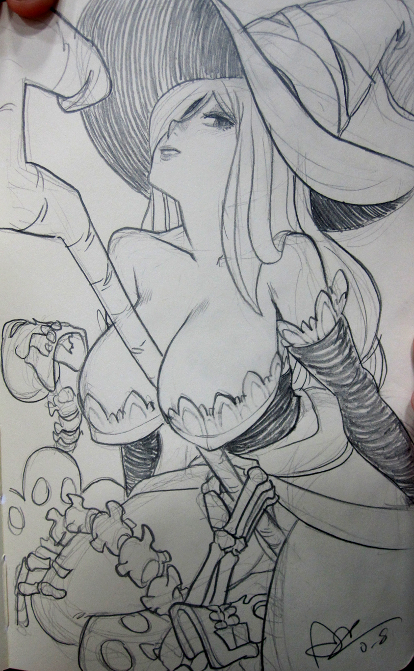 alex_ahad bare_shoulders breasts cleavage detached_sleeves dragon's_crown dress hat hat_over_one_eye highres huge_breasts long_hair monochrome skeleton sketch skull solo sorceress_(dragon's_crown) staff strapless strapless_dress traditional_media witch_hat