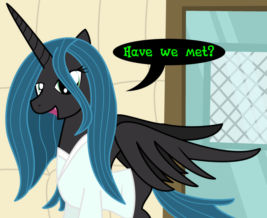 black_fur dazed-and-wandering door equine friendship_is_magic good_looking green_eyes green_hair hair horn horse inside my_little_pony open_mouth pony queen_chrysalis_(mlp) robe text winged_unicorn wings