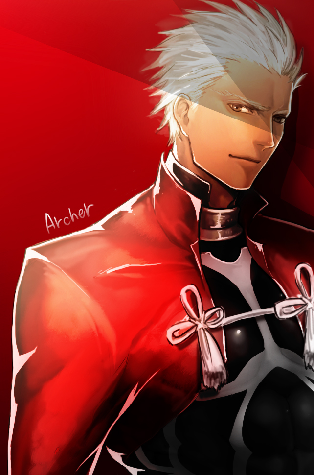 archer awa_suna bad_id bad_pixiv_id brown_eyes character_name dark_skin dark_skinned_male fate/stay_night fate_(series) male_focus red red_background solo white_hair