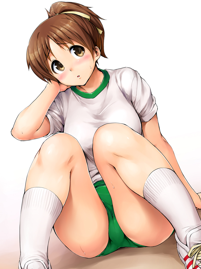 blush brown_eyes brown_hair buruma gym_uniform hirasawa_ui k-on! ponytail shinozuka_jouji short_hair sitting socks solo sweat sweatdrop