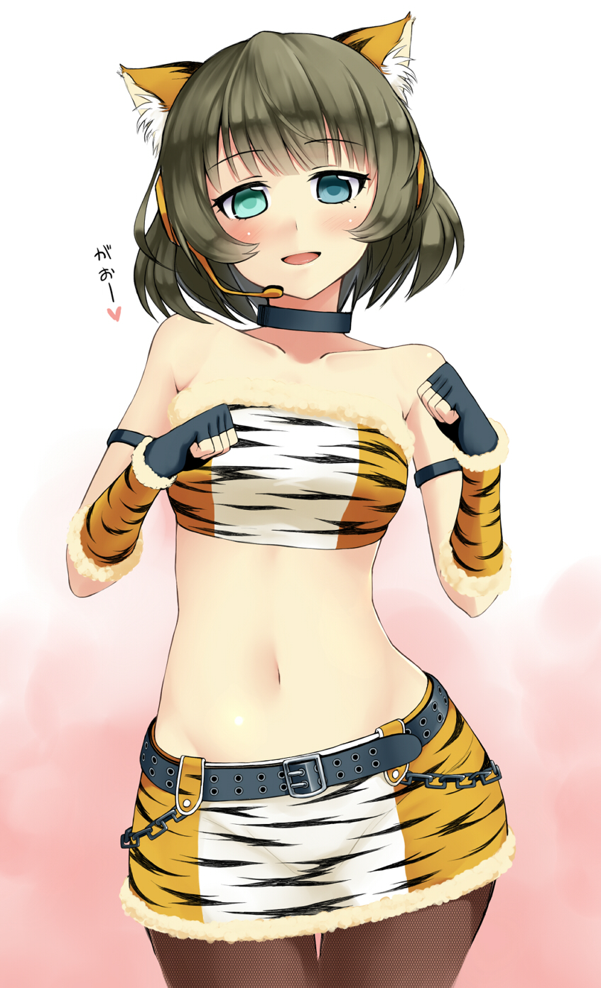 animal_ears animal_print armband bare_shoulders belt black_legwear blue_eyes blush brown_hair chain choker collarbone cosplay fingerless_gloves gloves green_eyes headset heterochromia highres idolmaster idolmaster_cinderella_girls kamata_yuuya looking_at_viewer md5_mismatch midriff mifune_miyu mifune_miyu_(cosplay) mole mole_under_eye navel pantyhose short_hair simple_background skirt smile solo strapless takagaki_kaede tiger_ears tiger_print tubetop