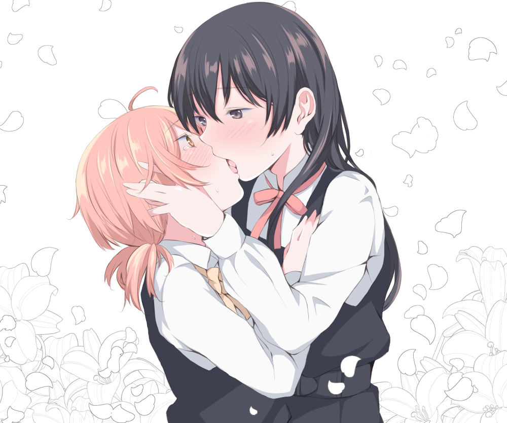 2girls ahoge bangs black_dress black_hair brown_eyes collared_shirt commentary_request dress eye_contact eyebrows_visible_through_hair french_kiss from_side hair_between_eyes hand_on_another's_cheek hand_on_another's_chest hand_on_another's_face hand_on_another's_cheek hand_on_another's_chest hand_on_another's_face kiss koito_yuu long_hair long_sleeves looking_at_another low_twintails multiple_girls nanami_touko open_mouth orange_hair profile red_neckwear school_uniform shichouson shirt short_twintails straight_hair sweat tearing_up tongue tongue_out twintails unfinished_background upper_body white_shirt yagate_kimi_ni_naru yellow_neckwear yuri