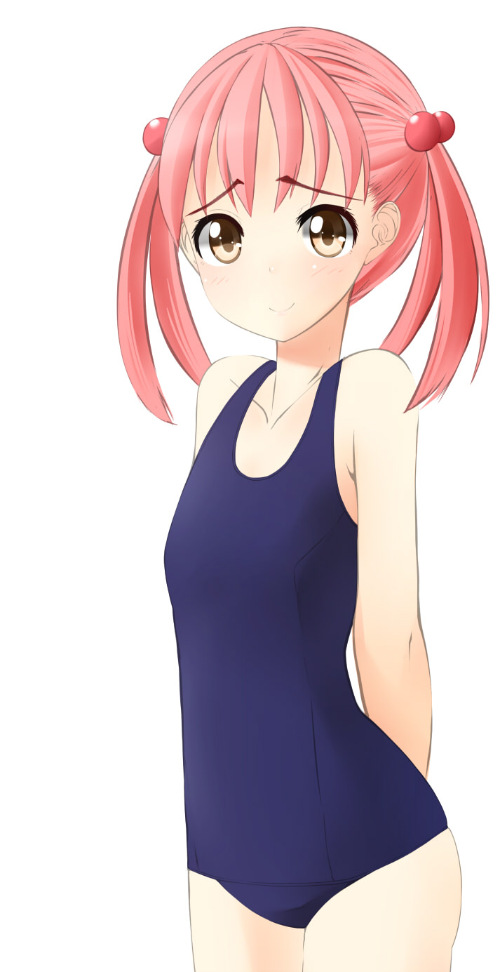 bad_id bad_pixiv_id brown_eyes hair_bobbles hair_ornament highres isshiki_momo nekobaka one-piece_swimsuit pink_hair school_swimsuit short_hair smile swimsuit twintails vividred_operation