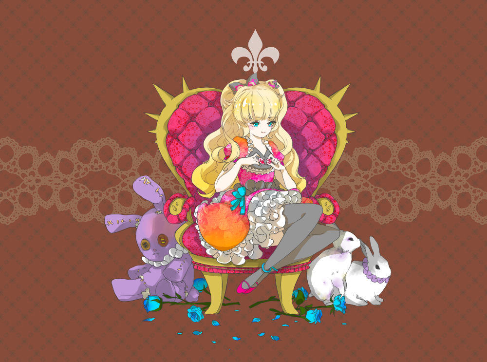 anklet aqua_eyes bad_id bad_pixiv_id blonde_hair bow broken_heart bunny dress flower frilled_dress frills jewelry long_hair ng_(kimjae737) petals puffy_sleeves rose seeu solo stuffed_animal stuffed_bunny stuffed_toy thighhighs throne vocaloid