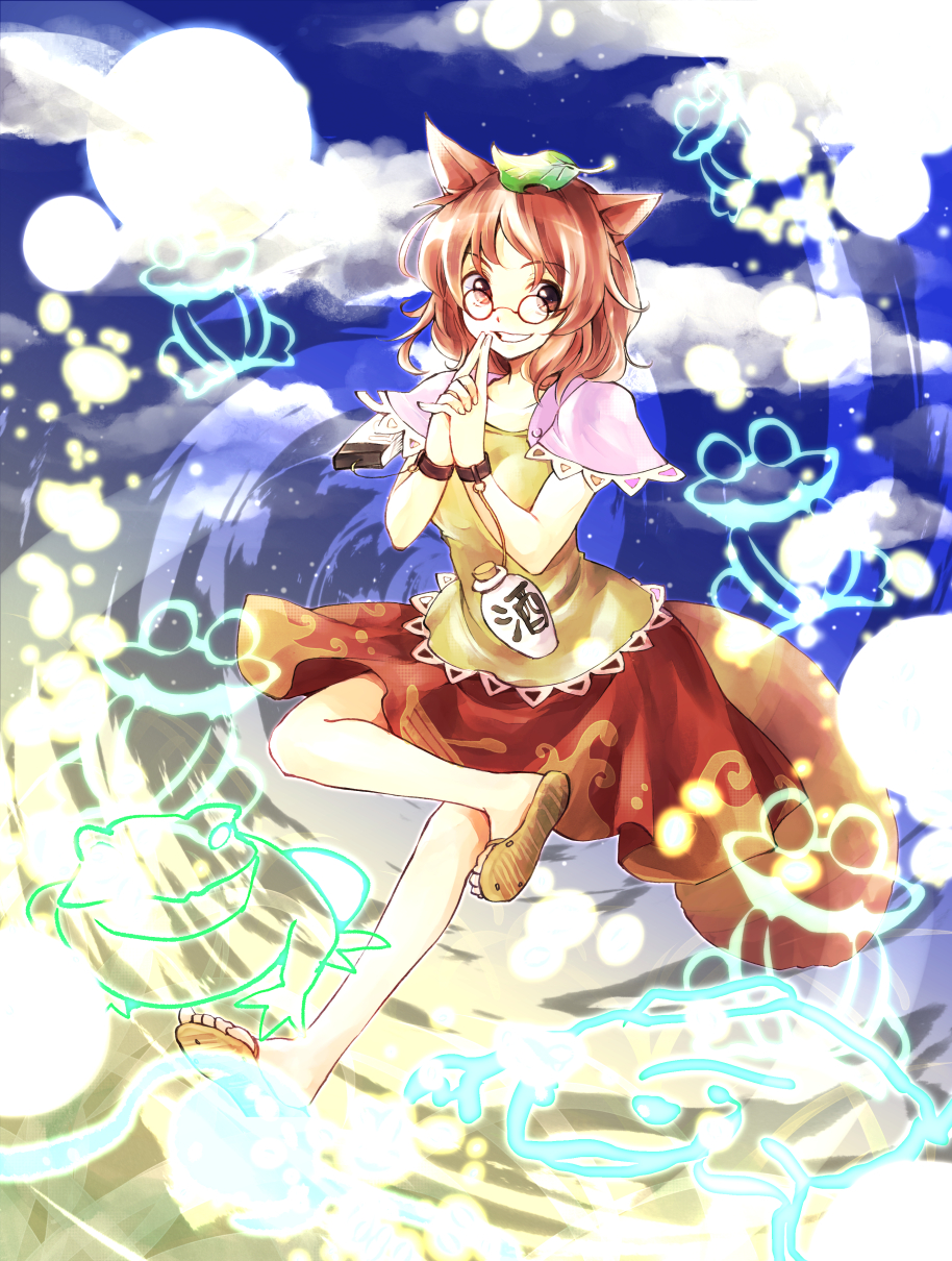 animal_ears bottle brown_eyes brown_hair futatsuiwa_mamizou glasses hands_clasped highres leaf leaf_on_head makuwauri own_hands_together raccoon_ears raccoon_tail sandals short_hair skirt smile solo tail touhou