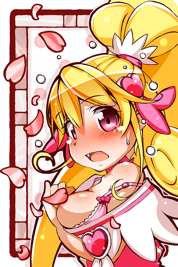 :o aida_mana ao_yasai bad_id bad_pixiv_id blonde_hair blush bow bra breast_rest breasts breasts_outside censored cure_heart dokidoki!_precure embarrassed hair_ornament heart heart_hair_ornament long_hair magical_girl medium_breasts open_mouth petals pink pink_bra pink_eyes ponytail precure sideboob solo underwear