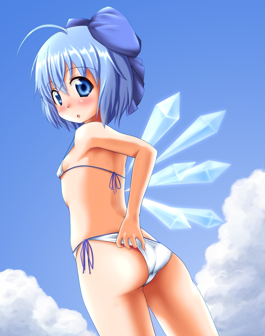 ahoge ass bikini blue_eyes blue_hair blush bow breasts cirno from_behind hair_bow ice ice_wings looking_at_viewer looking_back micro_bikini short_hair side-tie_bikini small_breasts solo swimsuit tonky touhou wings