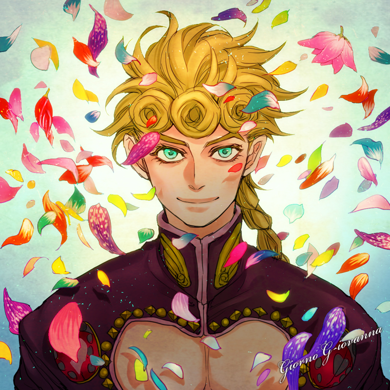 bad_id bad_pixiv_id blonde_hair blue_eyes bug curly_hair giorno_giovanna insect jojo_no_kimyou_na_bouken ladybug male_focus petals smile solo yubikitasu2