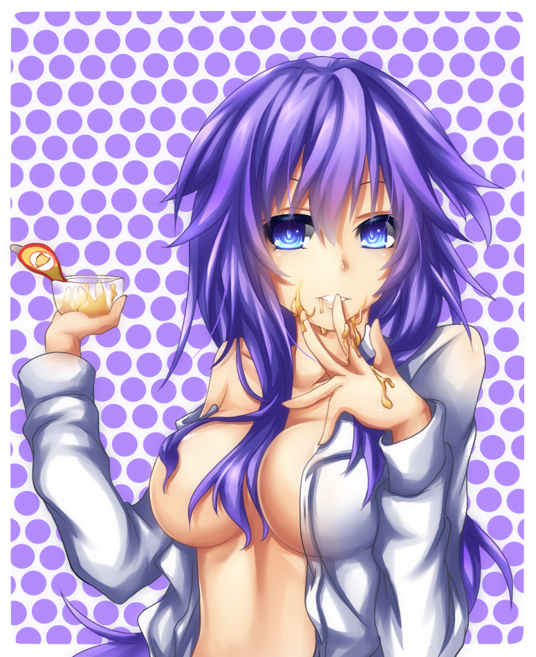 blue_eyes breasts fi-san food large_breasts long_hair neptune_(series) open_clothes open_shirt pudding purple_hair purple_heart shirt solo