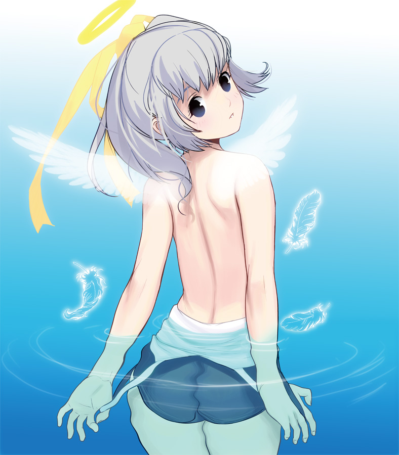 angel_wings back blue_eyes cowboy_shot feathers halo masao one-piece_swimsuit original partially_submerged school_swimsuit silver_hair solo swimsuit swimsuit_pull topless water wings