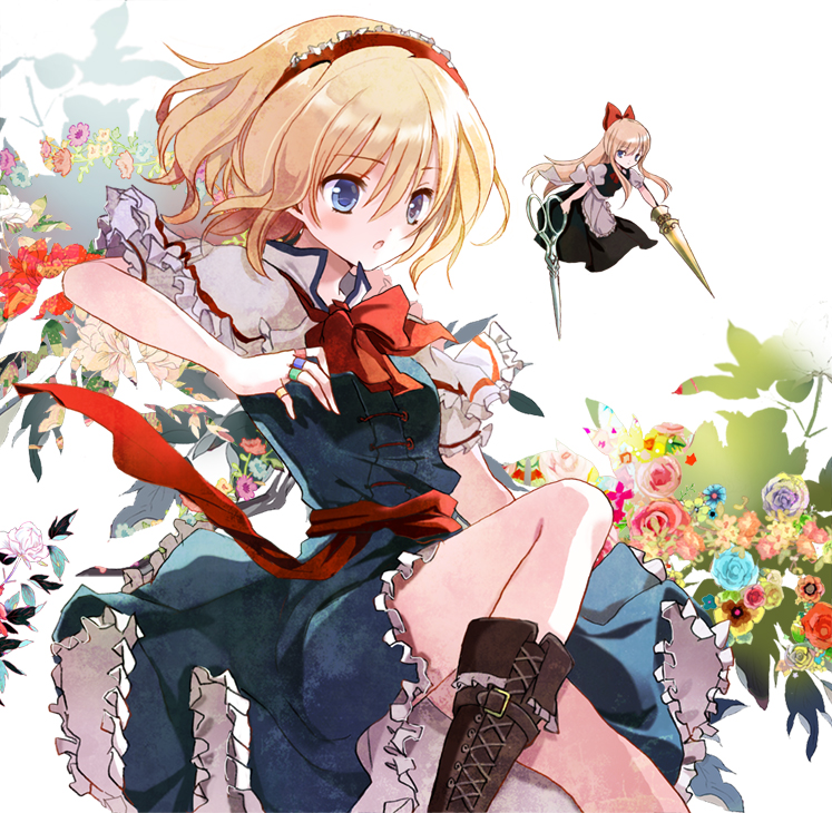 alice_margatroid ascot bad_id bad_pixiv_id blonde_hair blue_eyes blush boots bow capelet cierra_(ra-bit) doll dress flower hairband lance long_hair polearm scissors shanghai_doll short_hair touhou weapon