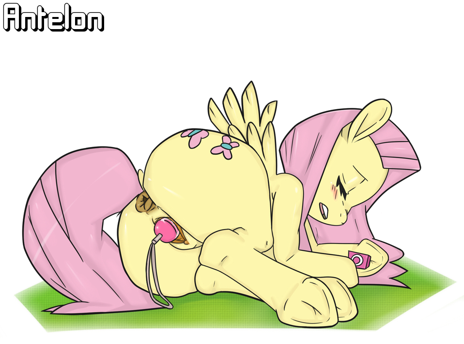 anus blush butt equine eyes_closed female feral fluttershy_(mlp) friendship_is_magic horse lying mammal my_little_pony nude on_side open_mouth pegasus plain_background pony pussy sex_toy solo vibrator white_background wings