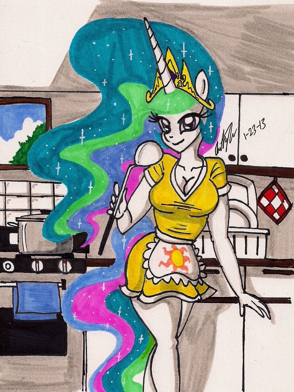 anthrofied breasts cleavage clothed clothing equine female friendship_is_magic horn kitchen looking_at_viewer mammal my_little_pony newyorkx3 princess princess_celestia_(mlp) royalty solo standing winged_unicorn wings