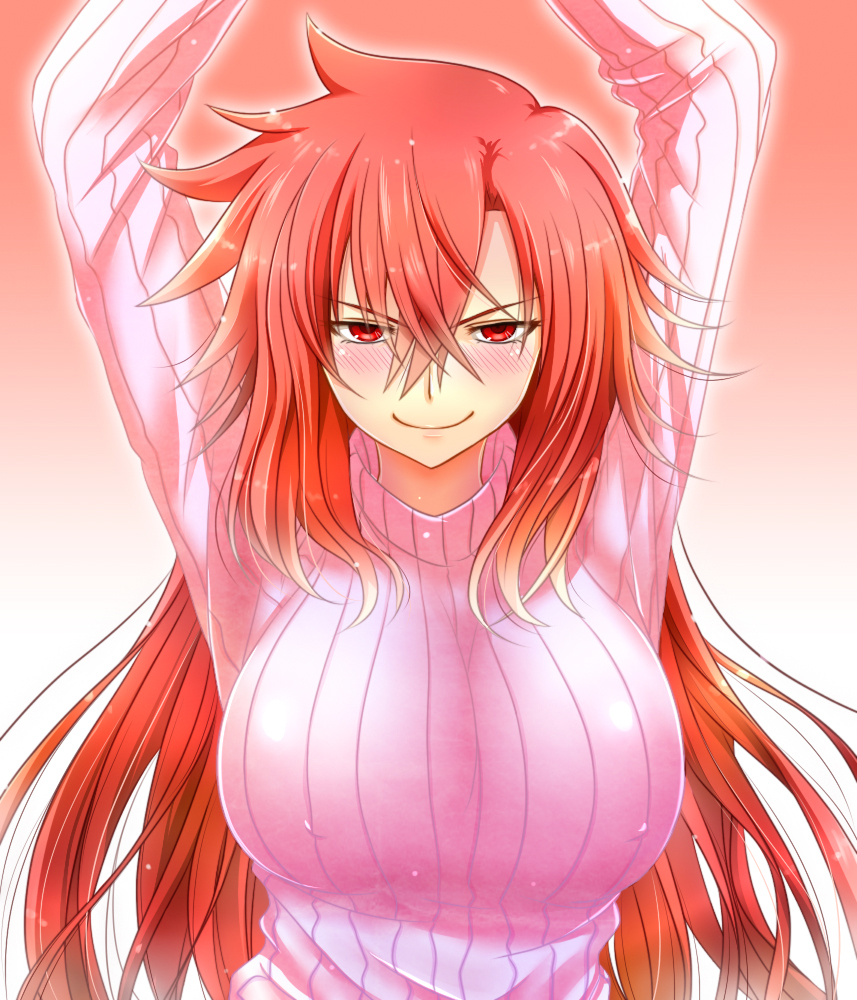 arms_up blush breasts large_breasts long_hair original red_eyes red_hair ribbed_sweater smile solo sweater upper_body watarui