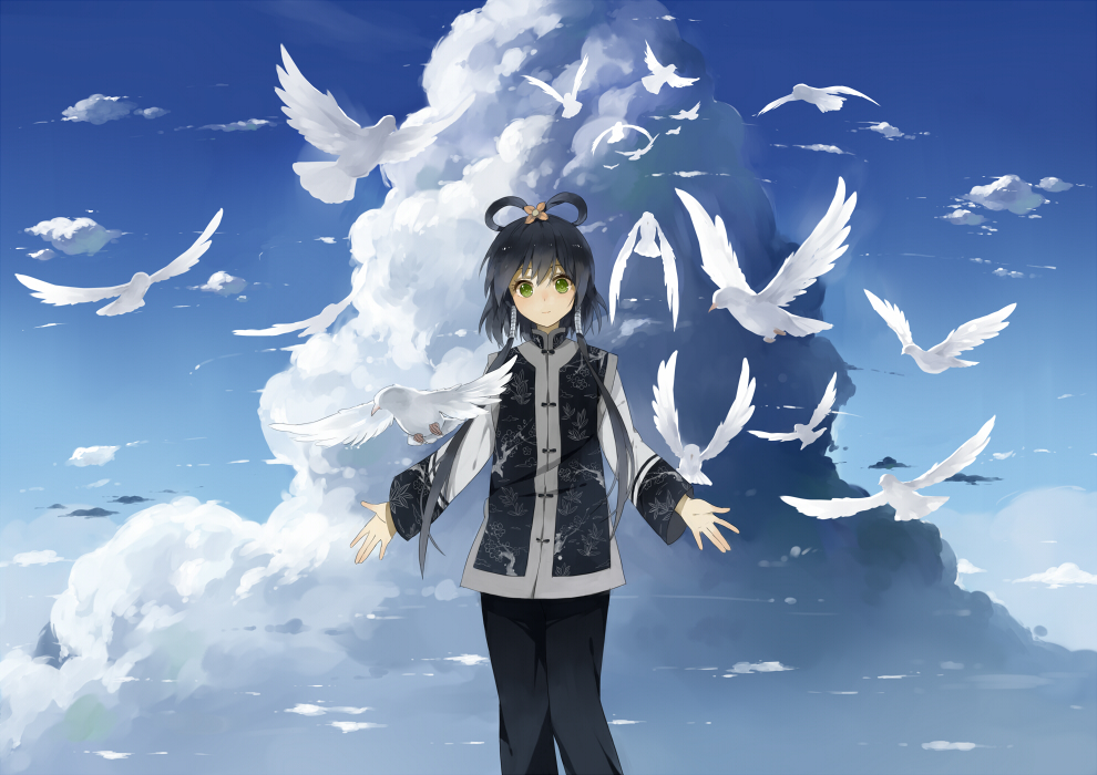 bird black_hair chinese_clothes cloud day dove flock green_eyes haijin hair_rings hair_tubes long_hair luo_tianyi pants sky solo vocaloid vocanese