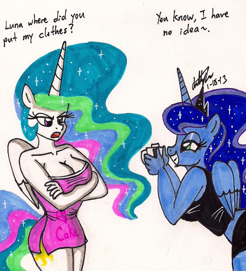 anthro anthrofied breasts camera cleavage clothed clothing dialog duo english_text equine female friendship_is_magic horn mammal my_little_pony newyorkx3 plain_background princess princess_celestia_(mlp) princess_luna_(mlp) royalty signature smile standing text white_background winged_unicorn wings