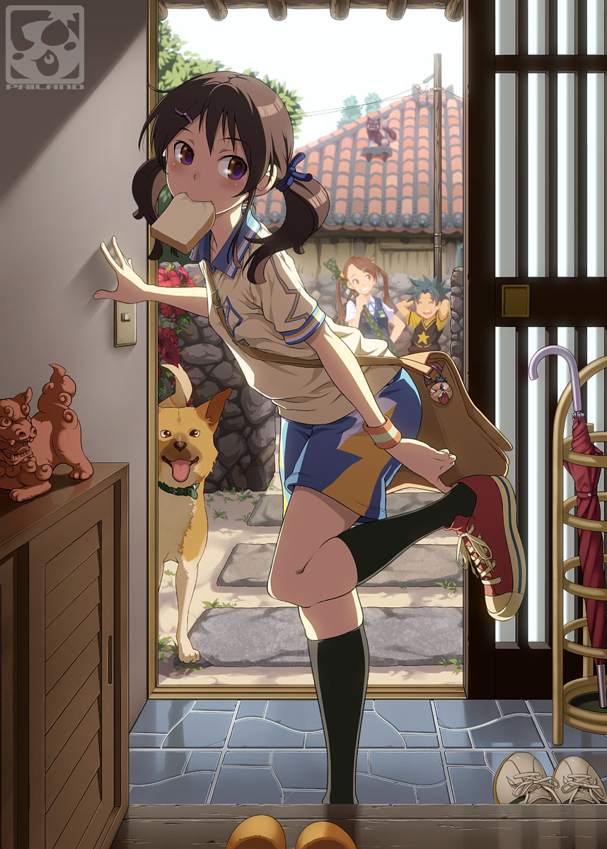 2girls aoi_sora_(pairan) bag bread brown_eyes brown_hair converse dog food food_in_mouth highres house kneehighs light_switch messenger_bag mouth_hold multiple_girls okinawa original pairan purple_eyes putting_on_shoes sanshin shiba_inu shiisaa shoes shoulder_bag sliding_doors sneakers toast toast_in_mouth twintails umbrella