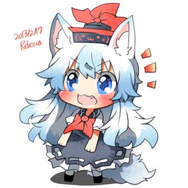animal_ears artist_name bad_id bad_twitter_id blue_eyes blue_hair blush dated dog_ears dog_tail fang hat kamishirasawa_keine long_hair lowres open_mouth rebecca_(keinelove) smile tail touhou