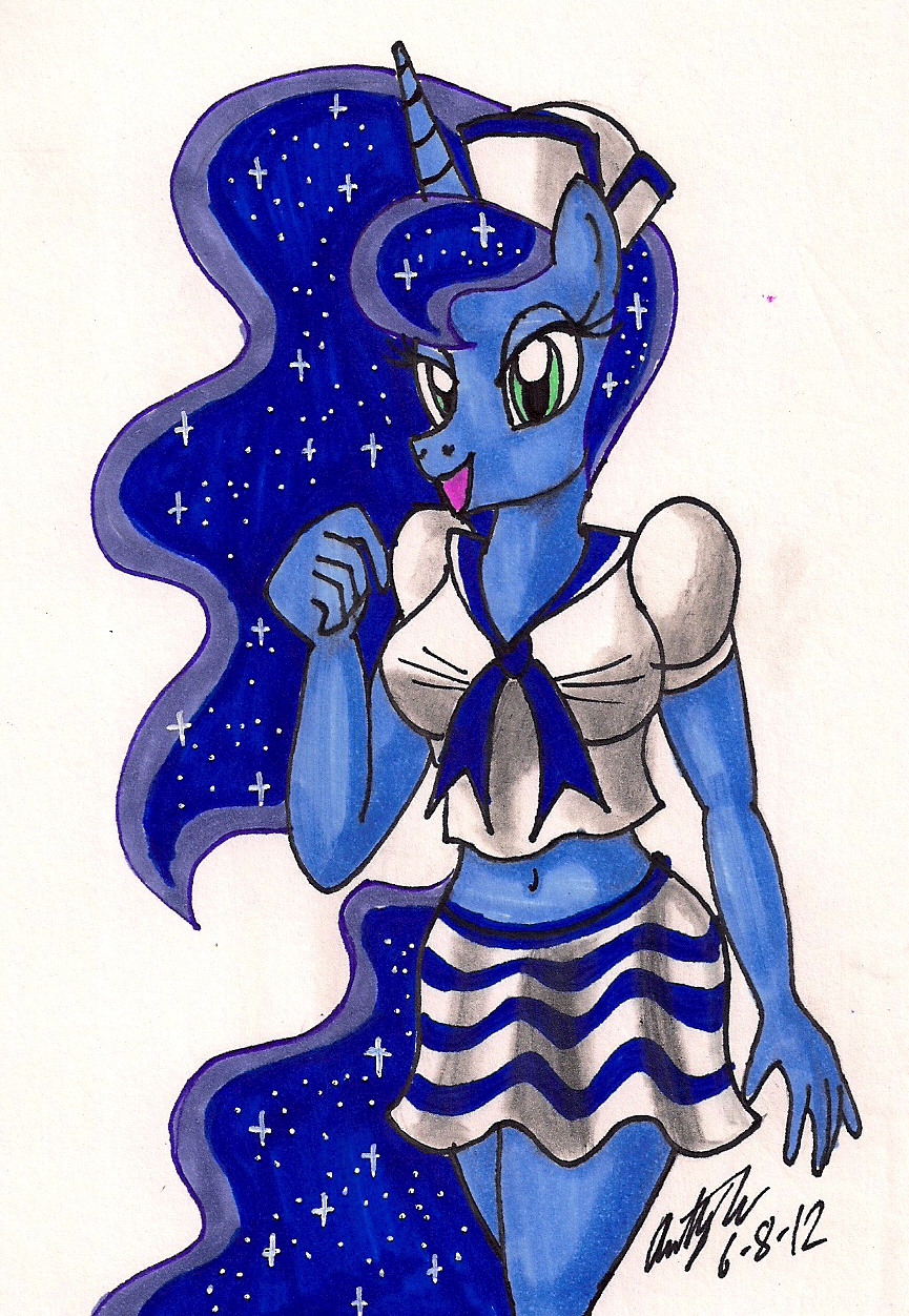 anthrofied clothed clothing equine female friendship_is_magic horn looking_at_viewer mammal my_little_pony newyorkx3 open_mouth plain_background princess_luna_(mlp) sailor_uniform skirt solo white_background winged_unicorn wings