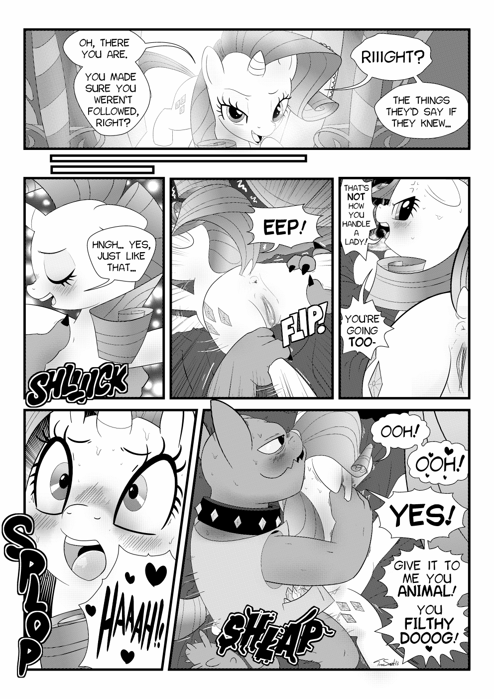 &lt;3 angry anthro anthro_on_feral anus bestiality blush canine collar comic cutie_mark dialog diamond_dog_(mlp) dog duo english_text equine female feral friendship_is_magic horn horse interspecies mad male mammal monochrome my_little_pony open_mouth penetration pony pussy rarity_(mlp) rover_(mlp) sex straight text tom_smith unicorn