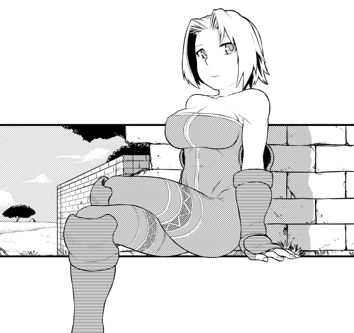 bare_shoulders breasts cleavage crossed_legs final_fantasy final_fantasy_tactics fingerless_gloves gloves greyscale large_breasts monk_(fft) monochrome short_hair sitting solo tsukudani_(coke-buta) unitard