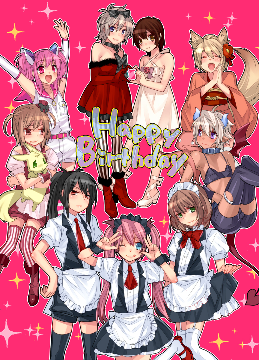 animal_ears apron black_hair black_legwear blonde_hair blue_eyes blush bow bowtie brown_eyes brown_hair bulge character_request closed_eyes commentary_request creature crossdressing dark_skin dark_skinned_male demon demon_boy demon_tail dress english everyone fangs flower fox_ears fox_tail frown garter_belt green_eyes hair_flower hair_ornament happy_birthday hat heart heart_hands heart_hands_duo highres holding horns japanese_clothes kimono lingerie lolita_fashion long_hair maid makuro male_focus mary_janes multiple_boys navel necktie nipples one_eye_closed open_mouth original otoko_no_ko panties pantyhose pink_eyes pink_hair ponytail purple_eyes red_eyes ribbon shoes short_twintails shorts sitting skirt skirt_lift smile standing striped striped_legwear sweat tail thighhighs tongue tongue_out twintails underwear v very_long_hair waitress white_hair white_legwear wrist_cuffs
