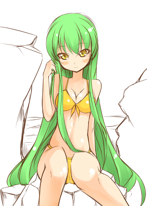 beigu bikini blush_stickers breasts c.c. cleavage code_geass green_hair long_hair looking_at_viewer medium_breasts partially_colored sitting solo swimsuit very_long_hair yellow_eyes