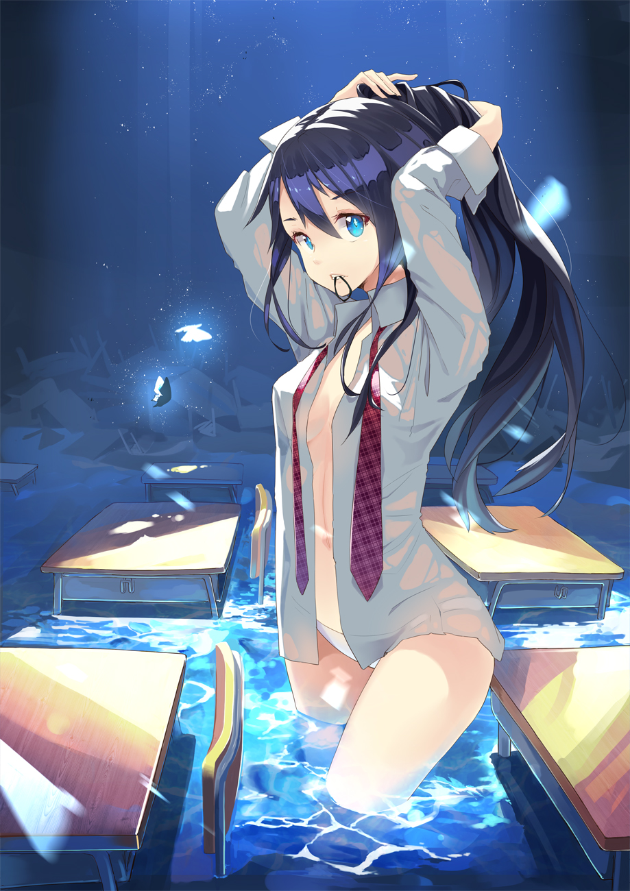 adjusting_hair arms_up black_hair blue_eyes breasts bug butterfly classroom desk flood highres insect long_hair medium_breasts moonlight mouth_hold navel necktie no_bra open_clothes open_shirt original panties ponytail school_desk see-through see-through_silhouette shirt solo underwear wading water white_panties yoo_(tabi_no_shiori)