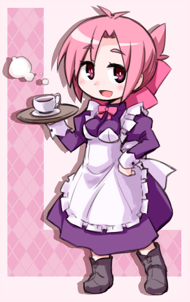 :d amatsuka_megumi_(gj-bu) apron argyle boots bow chibi cup dress folded_ponytail gj-bu hair_bow hand_on_hip kugelschreiber maid open_mouth pink_eyes pink_hair saucer short_hair smile solo standing teacup tray