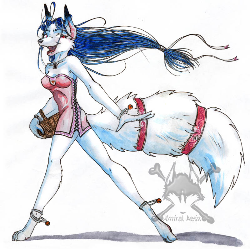anklet anthro basket big_tail blue_hair bracelet canine female fluffy_tail form_fitting hair happy jewelry large_tail long_hair mammal necklace open_mouth red_eyes solo tail_ring tube_top