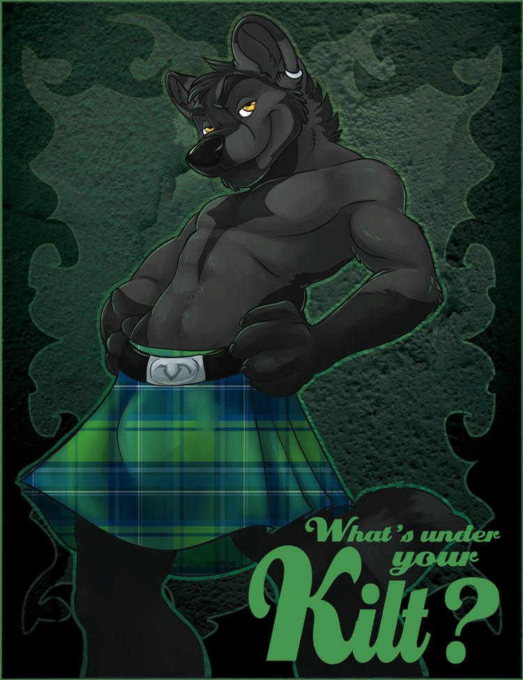 bulge canine chibi-marrow ear_piercing kilt looking_at_viewer male piercing solo toned